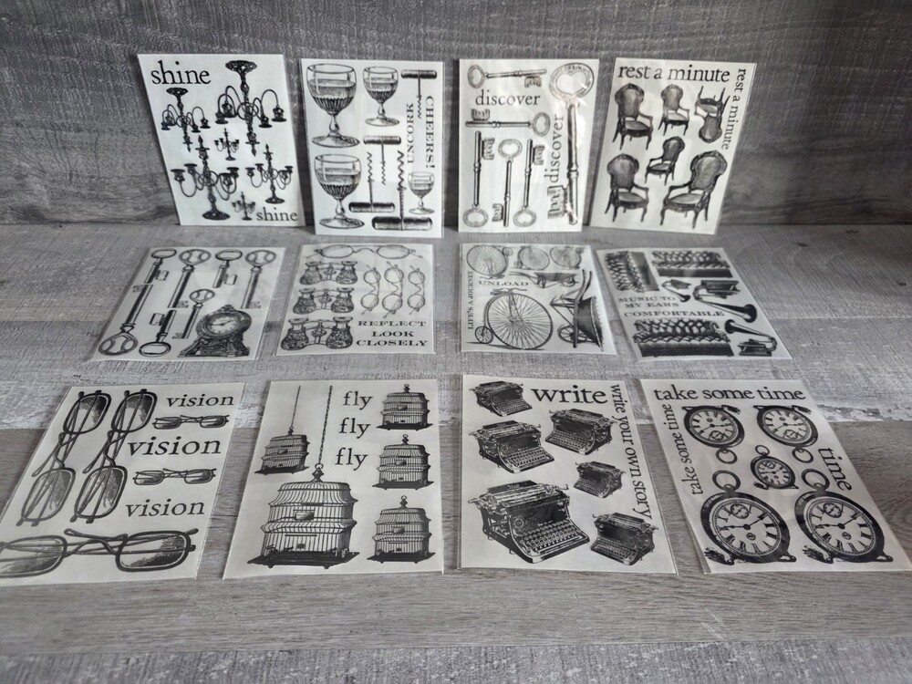 12 Pkgs Vtg FINDS Rub-Ons Antique Glasses Binocular Candelabra Keys Clock b101